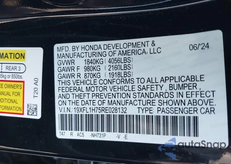 2024 Honda Civic Ex-L z USA, uszkodzony, nr VIN 19XFL1H75RE028132